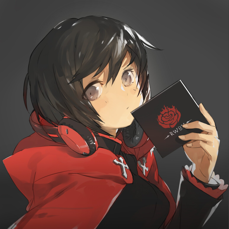 1girl, black_hair, cape, cd_case, cross, frown, grey_eyes, headphones