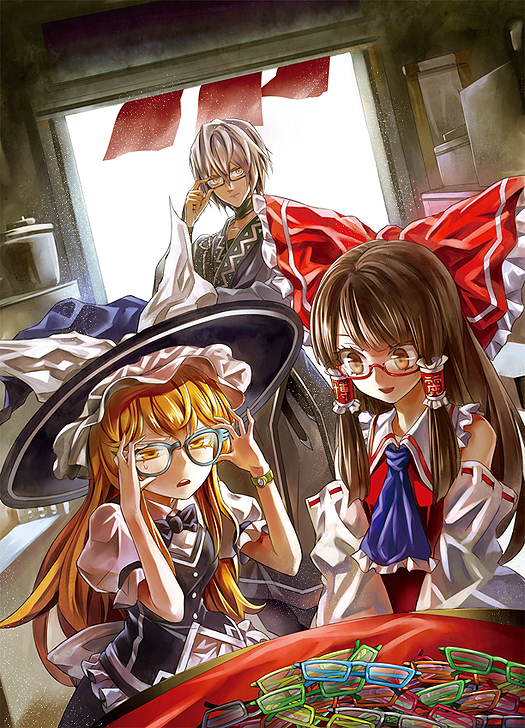 1boy, 2girls, adjusting_glasses, ascot, bare_shoulders, bespectacled, black-framed_glasses, blonde_hair
