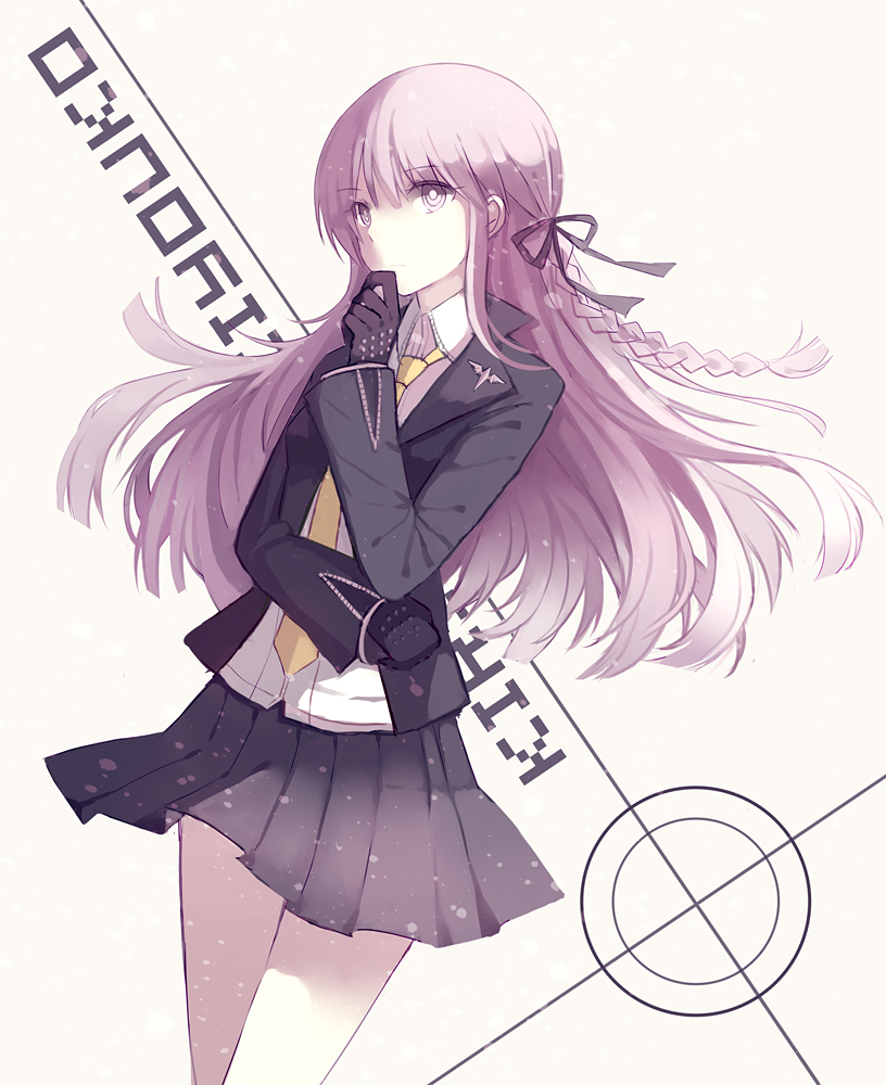 1girl, braid, copyright_name, cuivre, dangan_ronpa, gloves, hair_ribbon, kirigiri_kyouko