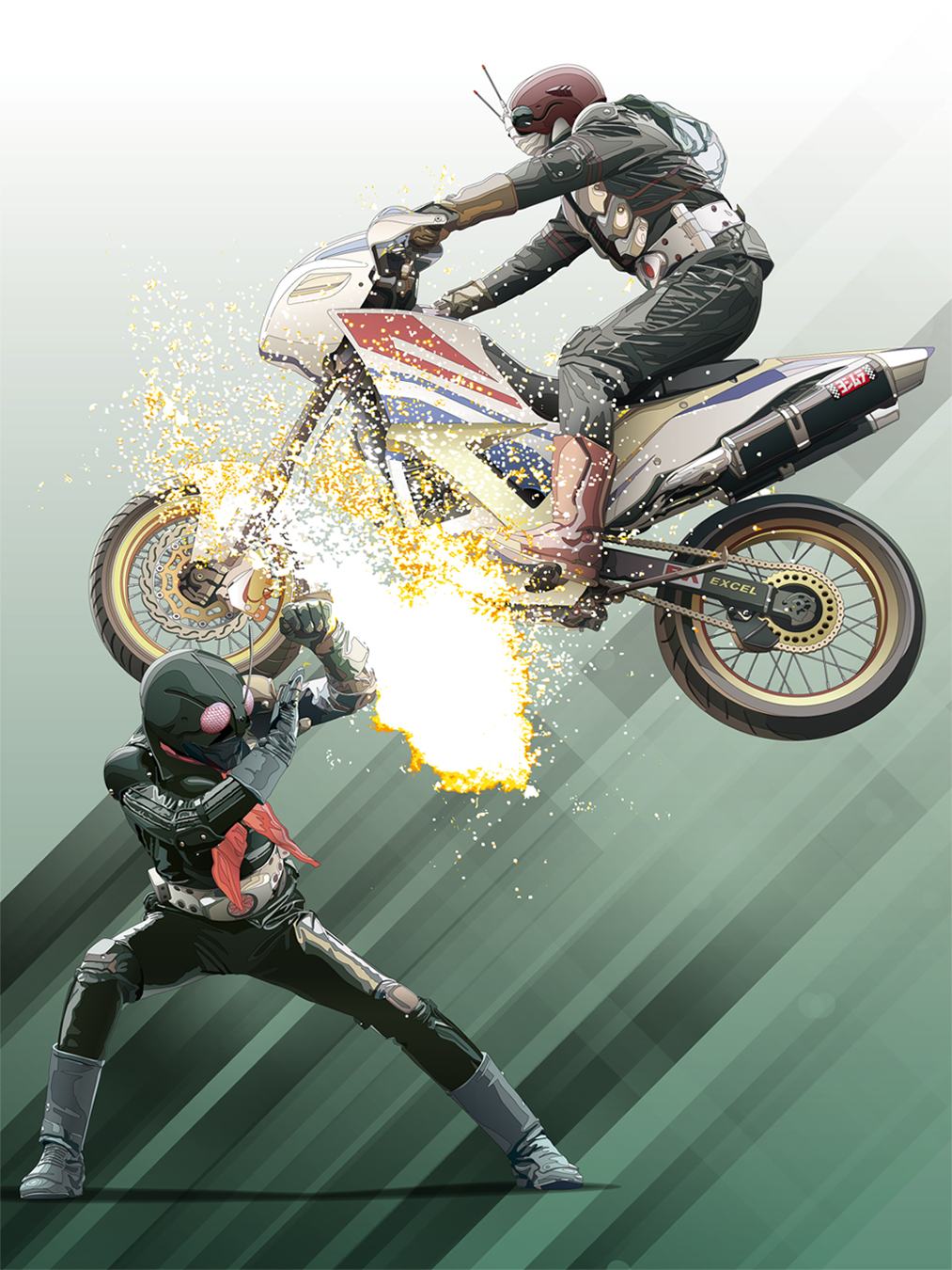 2boys, antennae, belt, boots, compound_eyes, dias-tajima, gradient, gradient_background, helmet, highres, kamen_rider, kamen_rider_1, kamen_rider_the_first, kamen_rider_the_next, kamen_rider_v3, male, motor_vehicle, motorcycle, multiple_boys, scarf, vehicle