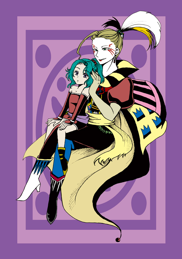 blonde_hair, blue_eyes, boots, cefca_palazzo, detached_sleeves, final_fantasy, final_fantasy_vi, green_hair