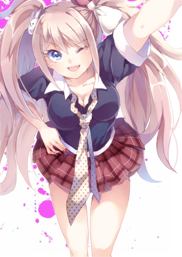 1girl, blonde_hair, blue_eyes, blush, bow, breasts, cleavage, dangan_ronpa