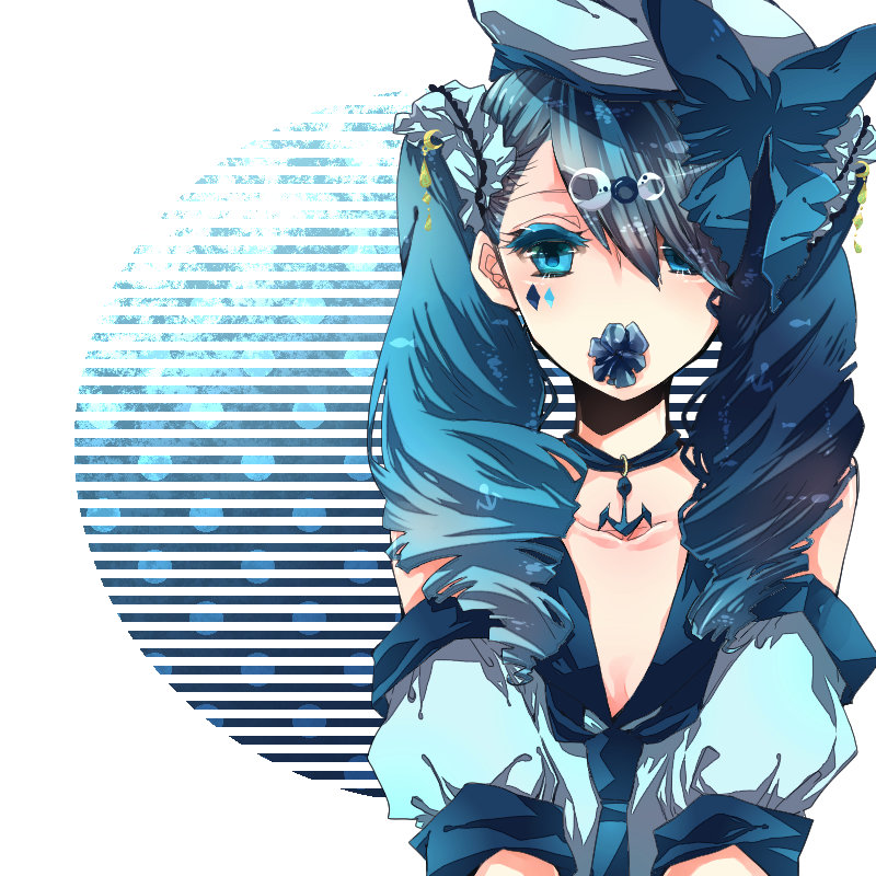 1girl, aqua_eyes, aqua_hair, hair_over_one_eye, hat, hatsune_miku, jewelry, kumu, necklace, scrunchie, solo, twintails, vocaloid