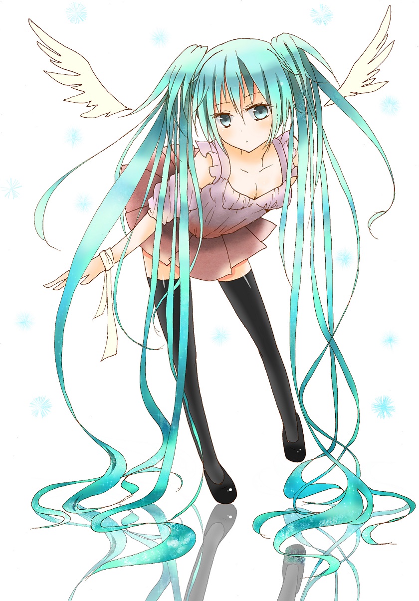 1girl, aqua_eyes, aqua_hair, dress, hatsune_miku, highres, kurana, leaning_forward
