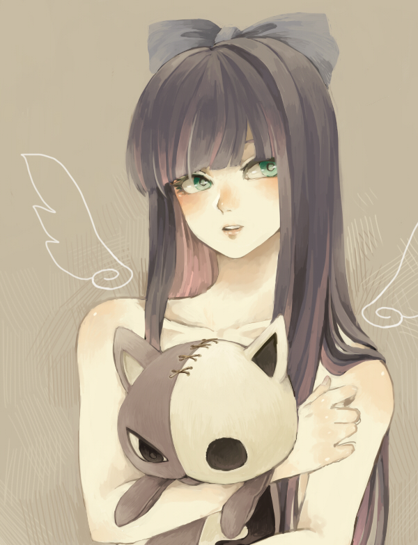 1girl, bow, bust, collarbone, detached_wings, green_eyes, hair_bow, holding