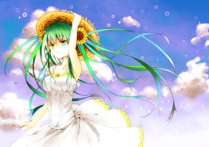 1girl, arm_up, clouds, dress, floating_hair, green_eyes, green_hair, hat, hatsune_miku, kurana, long_hair, sky, solo, straw_hat, sun_hat, very_long_hair, vocaloid
