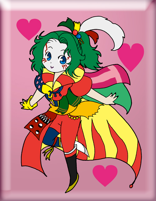 <3, blue_eyes, cefca_palazzo, cefca_palazzo_(cosplay), chibi, clown, cosplay, final_fantasy, final_fantasy_vi, green_hair, long_hair, makeup, nobu_(artist), ponytail, tina_branford