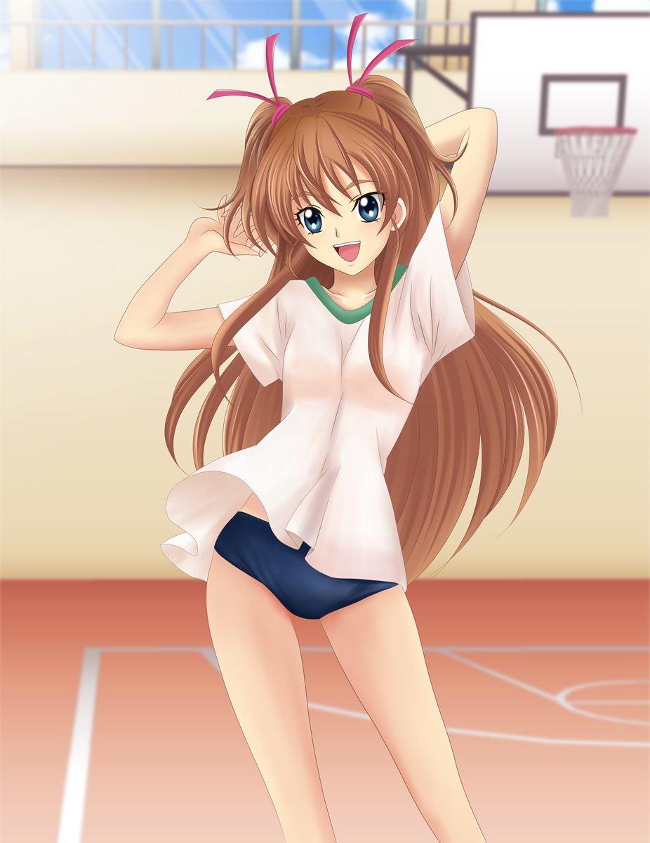 1girl, basketball_court, basketball_hoop, blue_eyes, blush, breasts, brown_hair, buruma
