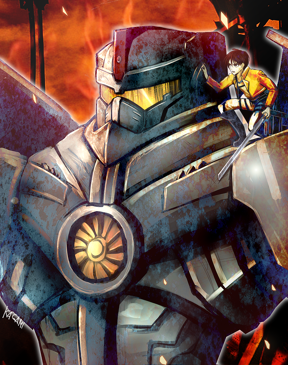1boy, black_eyes, black_hair, boots, crossover, gipsy_danger, highres, jacket