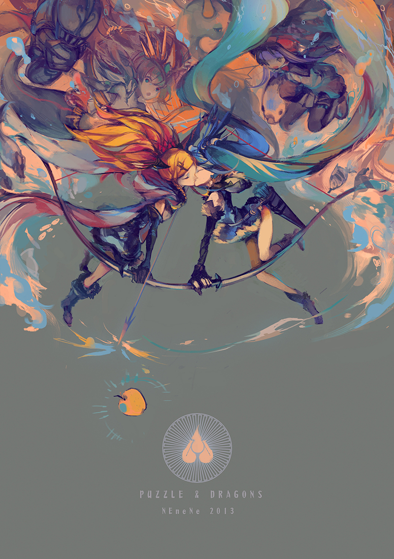 apple, arrow, blonde_hair, blue_hair, bow_(weapon), closed_eyes, food, fruit, gloves, hair_ornament, idun&amp;idunna, kiss, multiple_girls, pepen_alma, puzzle_&amp;_dragons, quiver, satsuyu_ito, siren_(p&amp;d), twintails, weapon