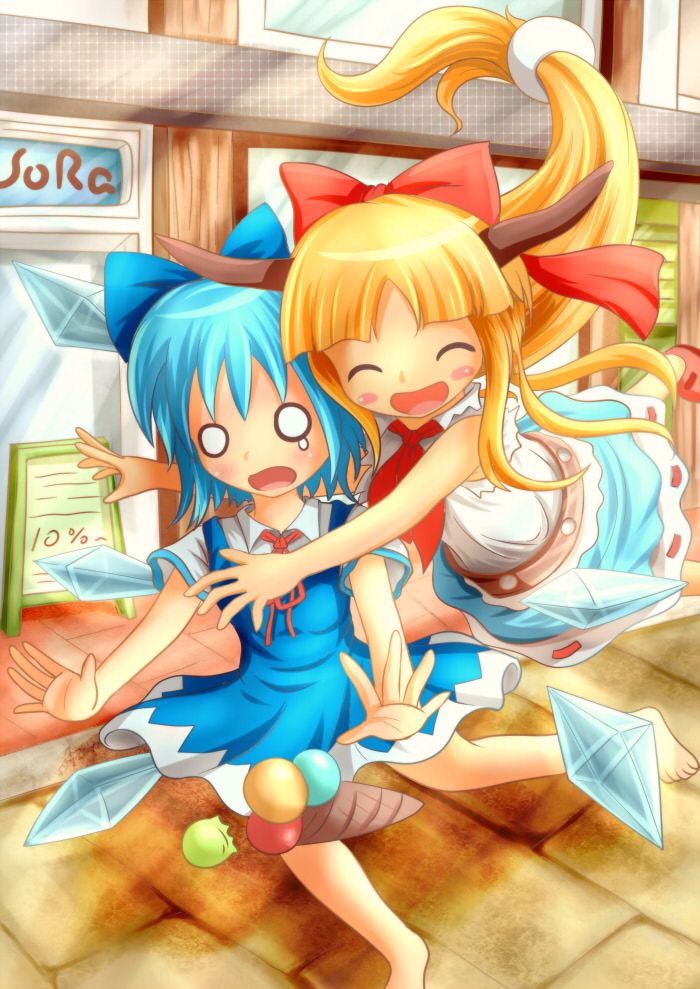 2girls, ascot, barefoot, belt, blonde_hair, blue_hair, blush_stickers, cirno