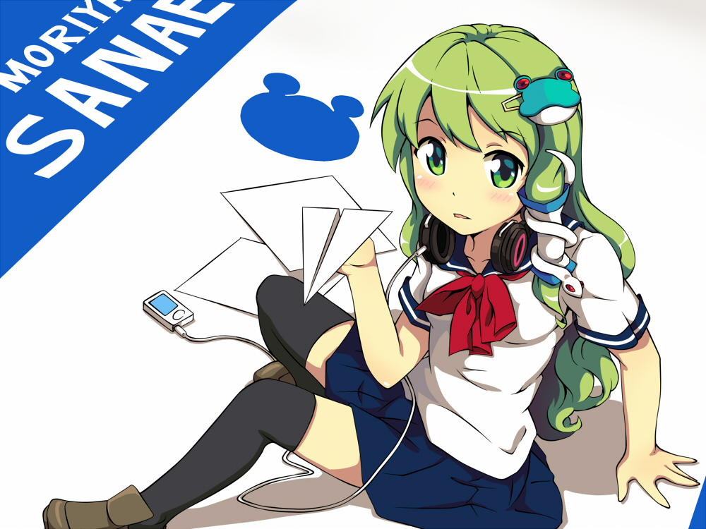 1girl, alternate_costume, black_legwear, blush, breasts, digital, frog_hair_ornament, green_eyes