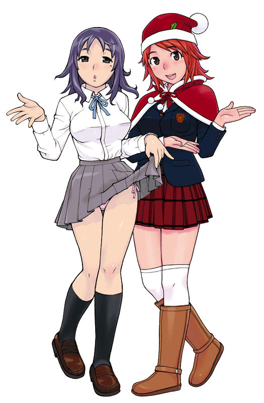 brown_hair, christmas, grey_hair, hebichan, original, panties, pink_panties, pleated_skirt