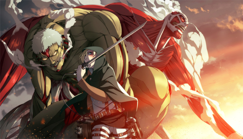 annie_leonhardt, armored_titan, blonde_hair, cape, colossal_titan, hooded_top, natuichi-7212, shingeki_no_kyojin