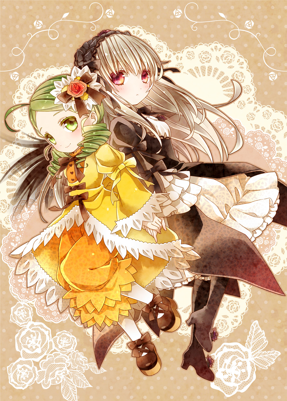 2girls, back-to-back, boots, bow, dress, drill_hair, flower, frills