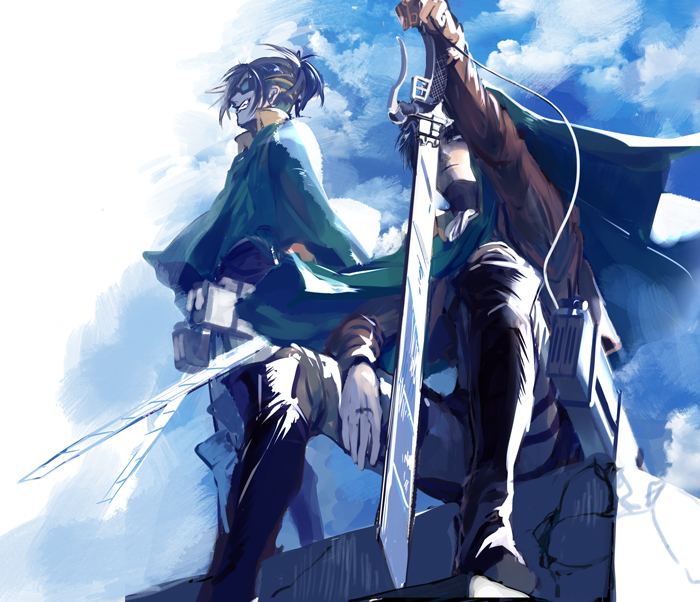 1boy, 1girl, black_hair, boots, cape, en_(pixiv1642655), glasses, hange_zoe, hanji_zoe, jacket, levi_(shingeki_no_kyojin), planted_sword, planted_weapon, shingeki_no_kyojin, sky, sword, three-dimensional_maneuver_gear, weapon