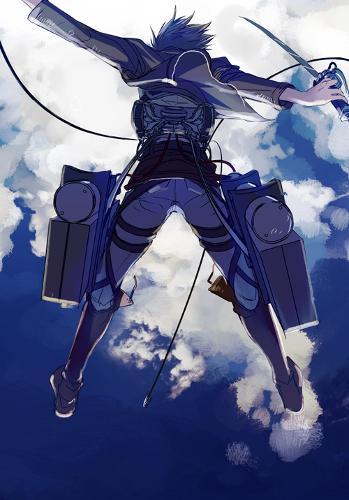 1girl, brown_hair, en_(pixiv1642655), from_behind, hange_zoe, shingeki_no_kyojin, sky, solo