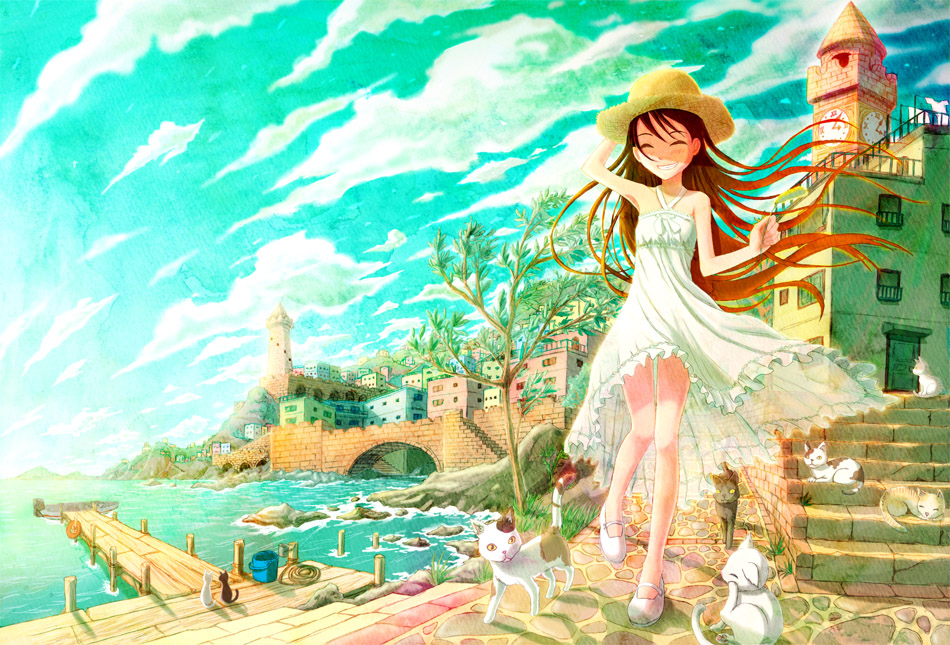 1girl, ^_^, brown_hair, cat, closed_eyes, dress, hat, legs, long_hair, original, pavelnedved11, pier, shoes, sky, smile, solo, tree, water