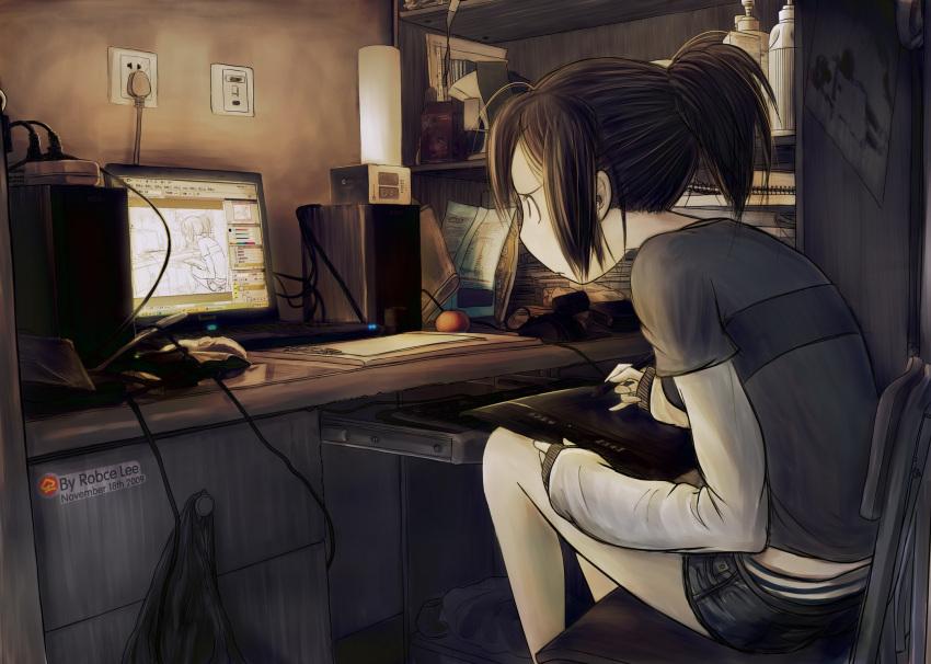 brown_hair, chinese, computer, computer_keyboard, firefox_(browser), highres, laptop, monitor