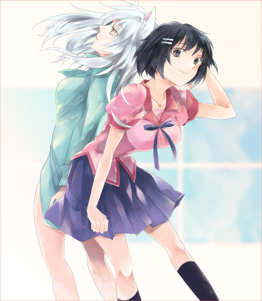 animal_ears, black_hair, black_hanekawa, cat_ears, hanekawa_tsubasa, highres, long_hair, monogatari_(series), nekomonogatari, roso_(ka_kka), school_uniform, short_hair, violet_eyes, white_hair, yellow_eyes