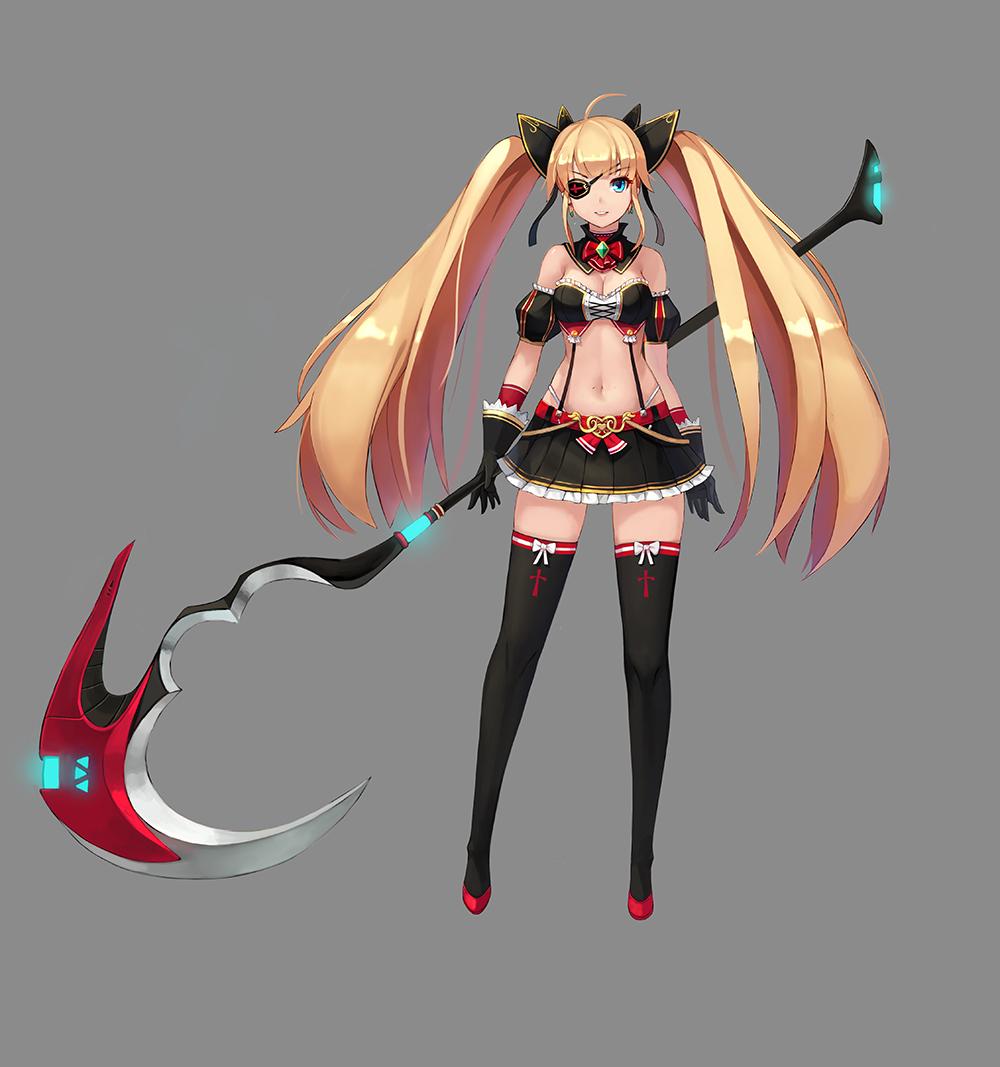 1girl, ahoge, bare_shoulders, black_gloves, black_legwear, blonde_hair, blue_eyes, breasts