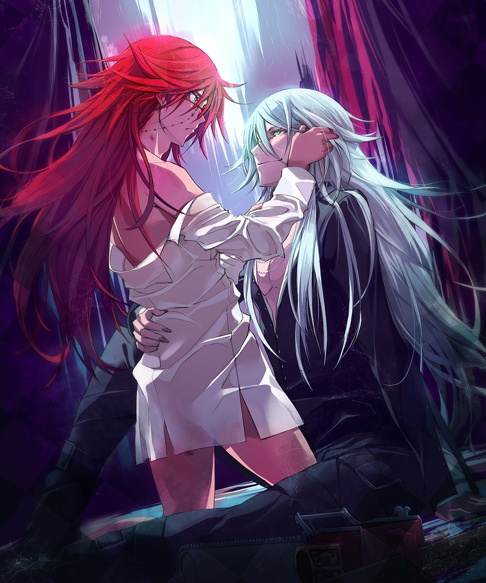 2boys, aqua_eyes, arm_support, chainsaw, dutch_angle, eye_contact, fingernails, glasses