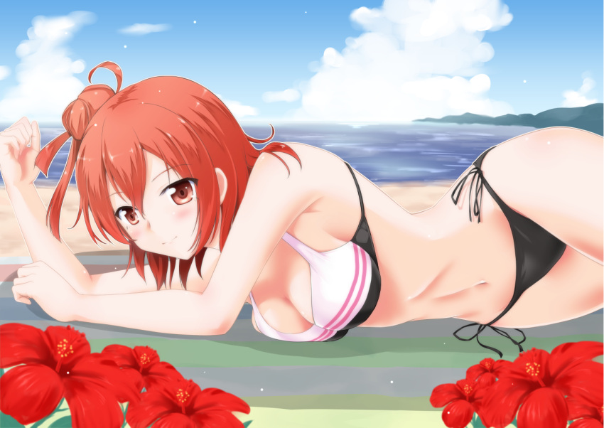 1girl, beach, bikini, breasts, flower, hair_bun, lying, navel