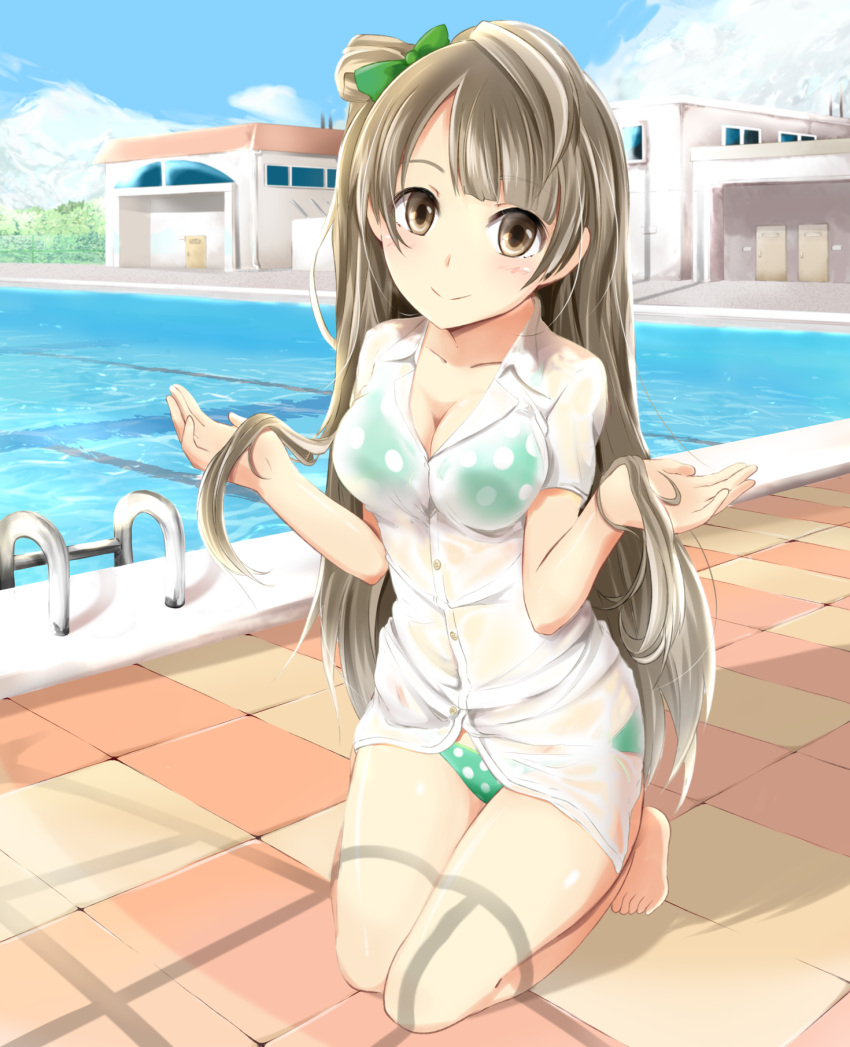 1girl, bikini, brown_eyes, brown_hair, dress_shirt, hako_roku, highres, kneeling
