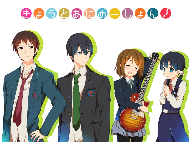 2boys, 2girls, black_hair, blue_eyes, brown_eyes, brown_hair, closed_eyes, company_connection