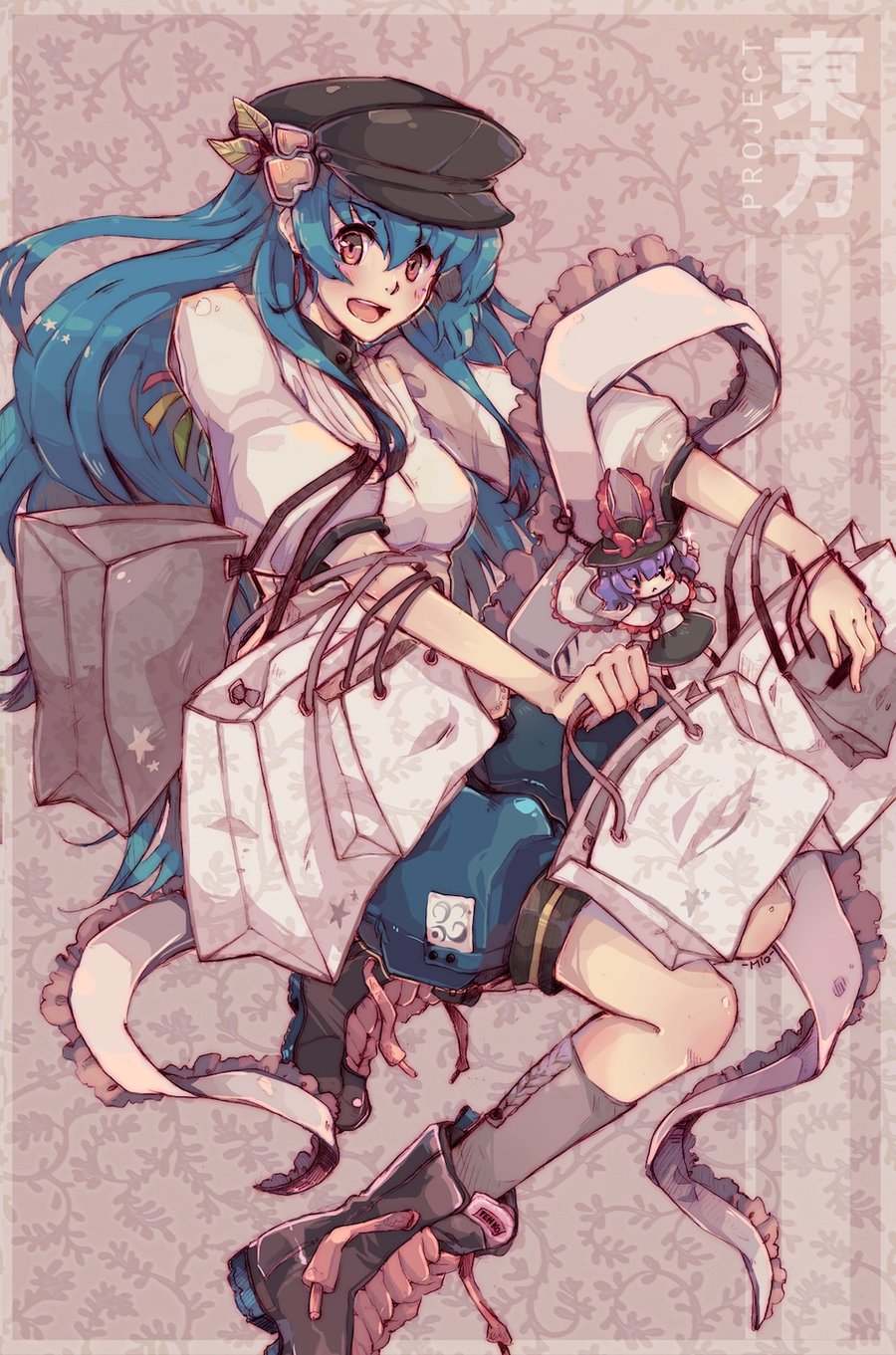 1girl, adapted_costume, alternate_headwear, bag, baggy_pants, blue_hair, boots, border