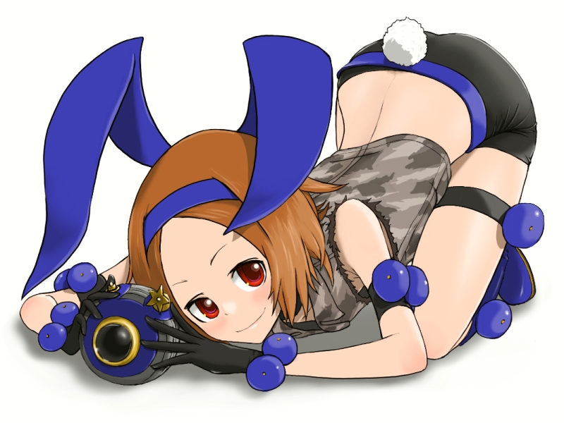 bike_shorts, brown_hair, bunny_ears, camera, getsumento_heiki_miina, gloves, rabbit_ears, red_eyes