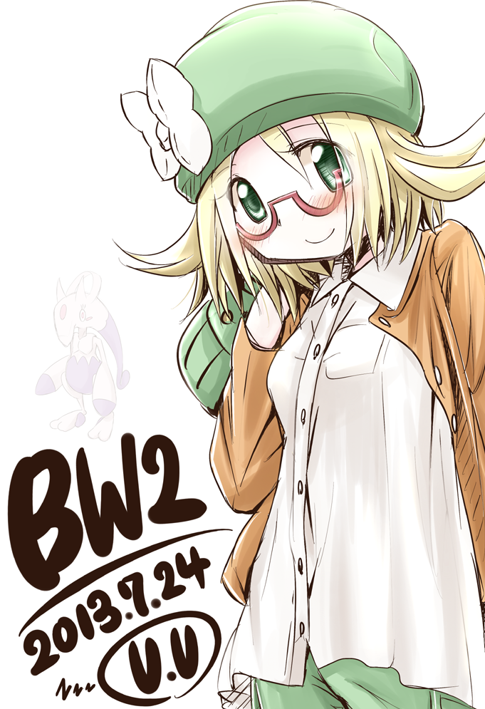 1girl, bel_(pokemon), blonde_hair, blush, dress_shirt, glasses, green_eyes, jacket