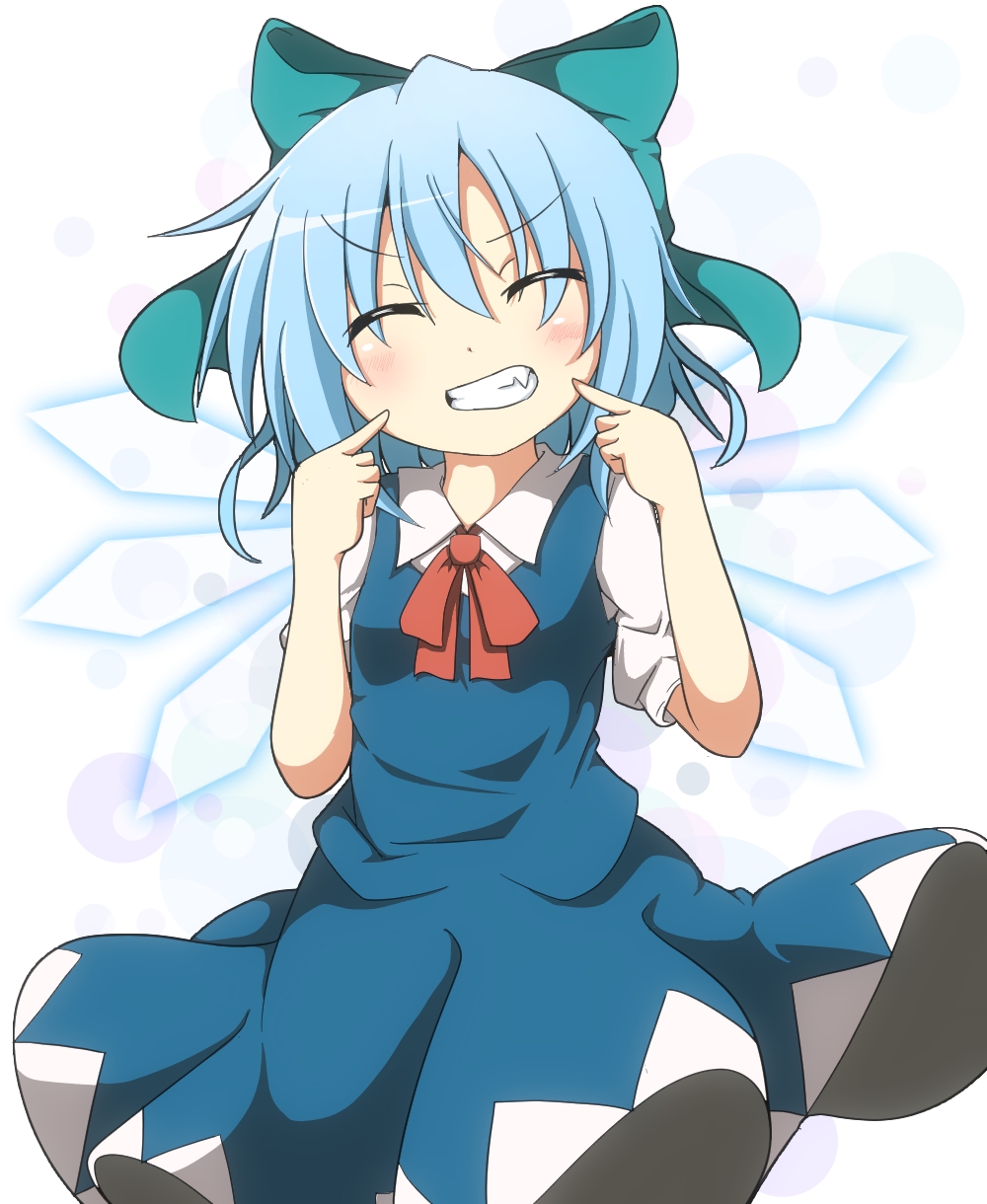 1girl, blue_dress, blue_hair, bow, cirno, closed_eyes, do_(4-rt), dress