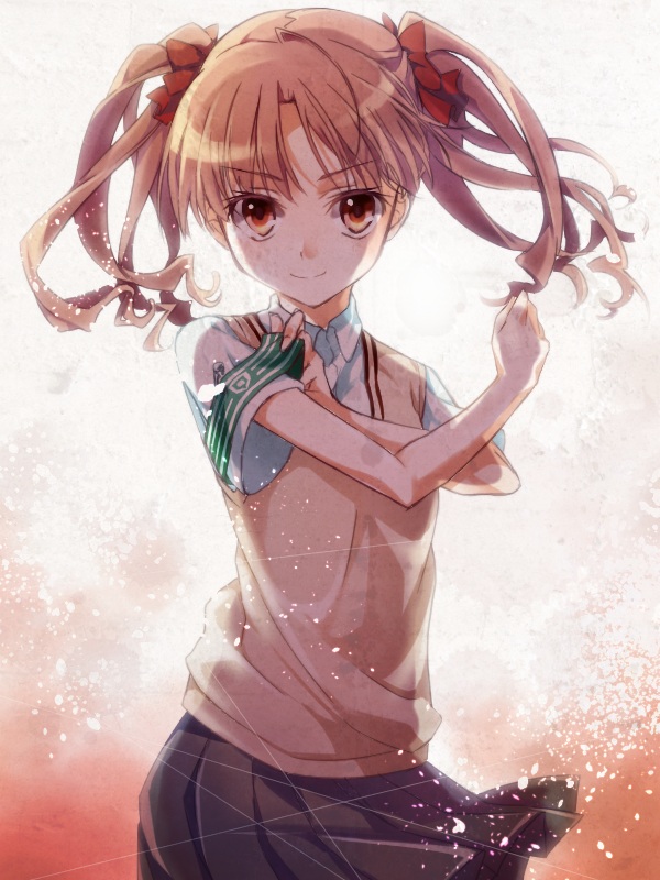 1girl, armband, bow, brown_eyes, brown_hair, hair_bow, hair_ornament, long_hair