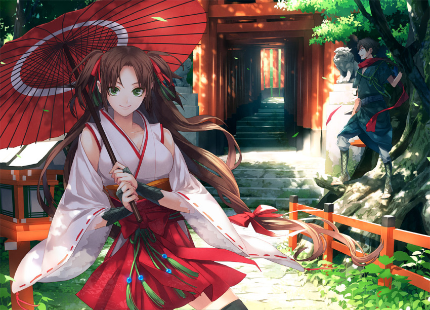 1boy, 1girl, bow, bridal_gauntlets, brown_hair, detached_sleeves, fence, gloves