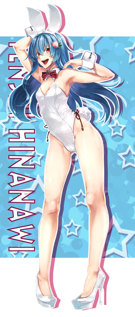 1girl, animal_ears, bare_shoulders, blue_hair, bowtie, bunny_tail, bunnysuit, character_name