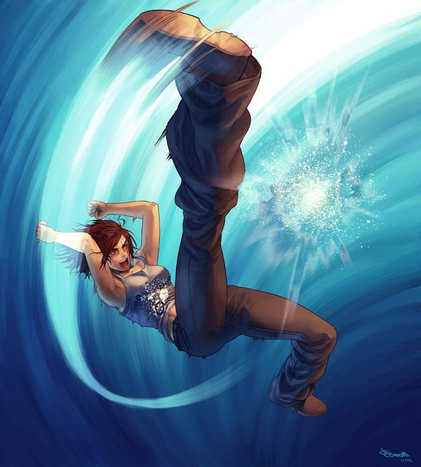 bare_shoulders, brown_hair, eon_forgery, kazama_asuka, kicking, namco, open_mouth, pants