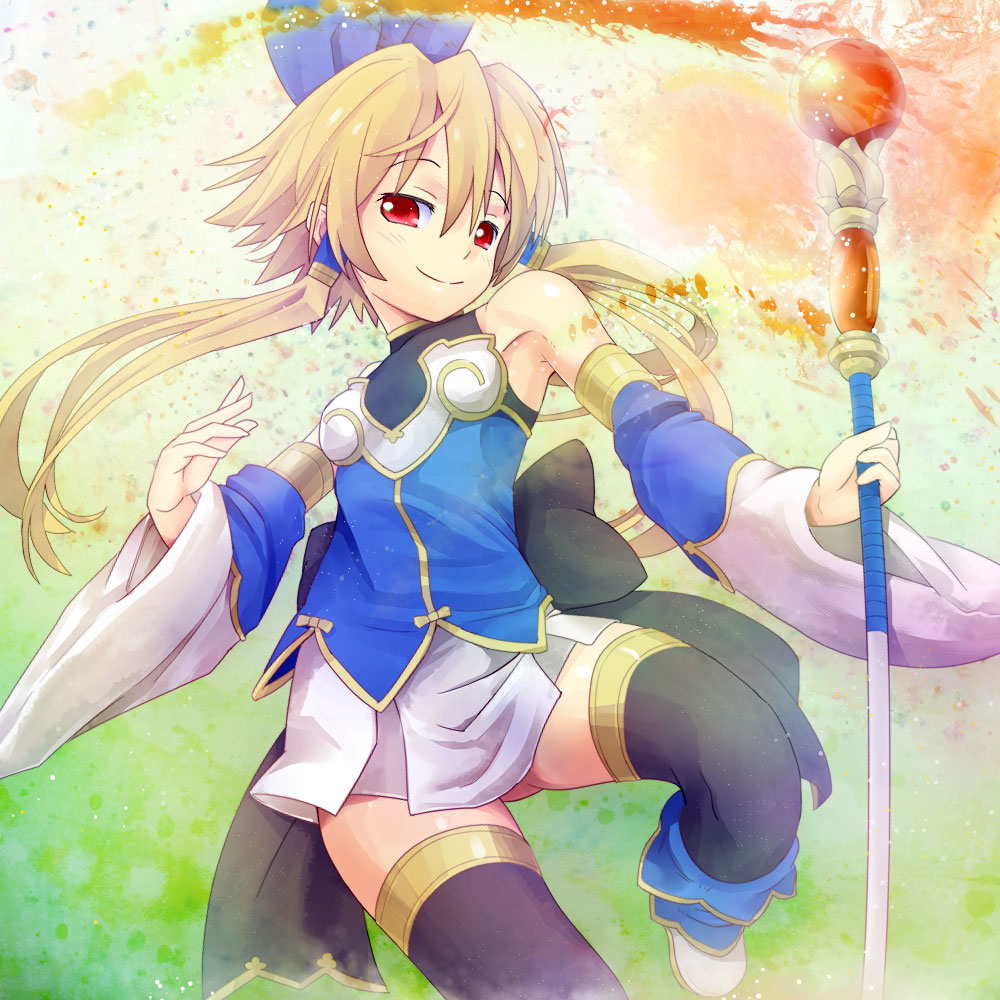 blonde_hair, bow, detached_sleeves, hair_bow, meryl_star, no_panties, red_eyes, shinrabansho