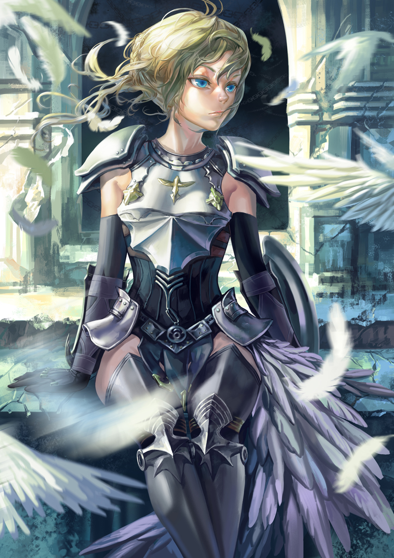 1girl, ahoge, armor, blue_eyes, crossover, detached_sleeves, fate/stay_night, fate_(series)