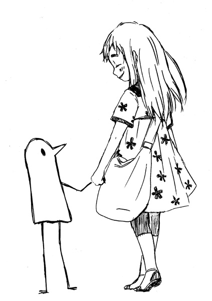 1girl, bag, child, closed_eyes, dress, holding_hands, monochrome, onodera_punpun