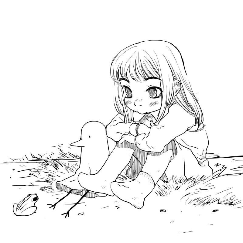 1girl, child, frog, monochrome, onodera_punpun, oyasumi_punpun, sitting, socks, tanaka_aiko, ton_nuramaro, young