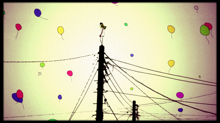 bag, balloon, hat, headphones, highres, meola, onodera_punpun, oyasumi_punpun, scarf, solo, standing