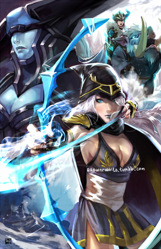 3girls, armor, arrow, ashe_(league_of_legends), blue_eyes, blue_lipstick, blue_nails, blue_skin