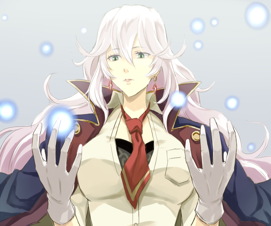 1girl, atelier_(series), atelier_escha_&amp;_logy, cape, earrings, expressionless, gloves, green_eyes