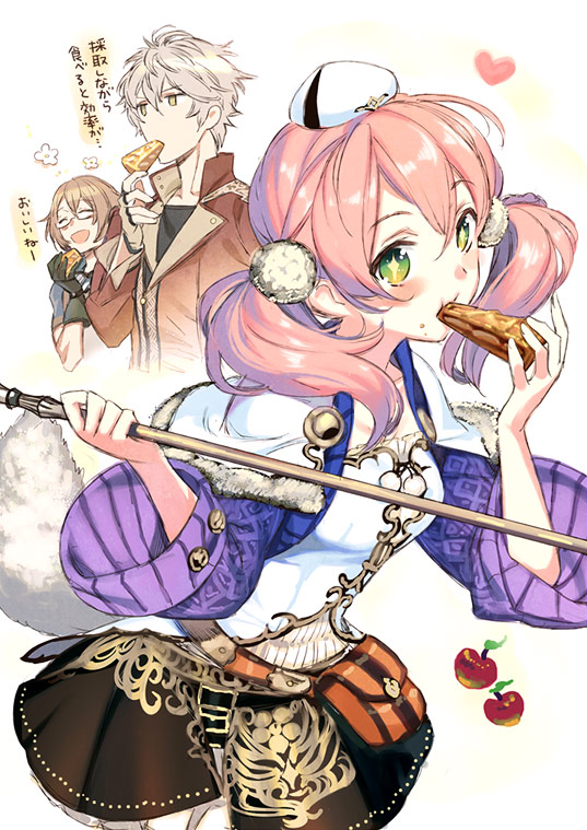 1girl, 2boys, akiyoshi_haru, apple, atelier_(series), atelier_escha_&amp;_logy, awin_sidelet, brown_hair