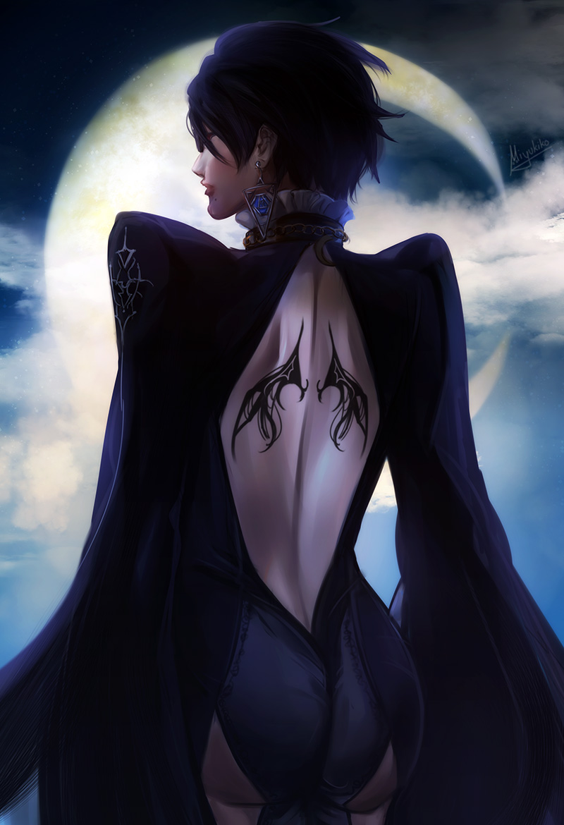 ass, back_tattoo, bayonetta, bayonetta_(character), bayonetta_2, black_hair, crescent_moon, glasses