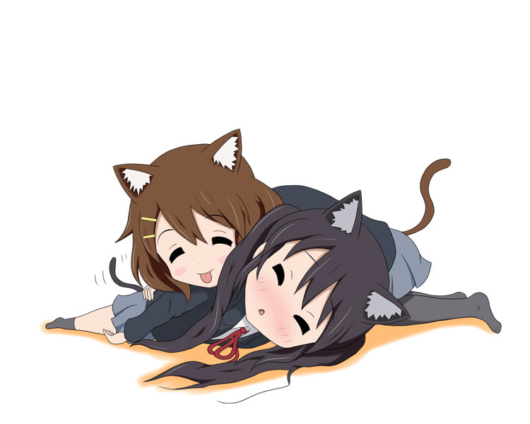 :p, animal_ears, black_hair, blazer, blush, brown_hair, cat_ears, cat_tail