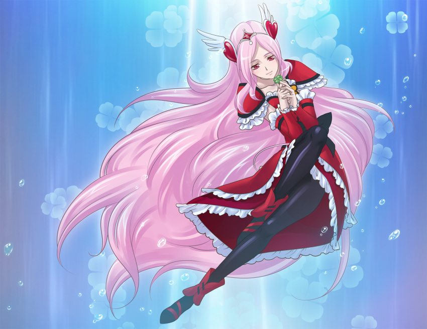 arm_warmers, black_legwear, blue_background, boots, bubble, choker, clover, cure_passion, dress, fresh_precure!, full_body, hair_ornament, heart, higashi_setsuna, highres, long_hair, magical_girl, pantyhose, pink_hair, precure, red_eyes, say_(sakabin), shoulder_pads, tiara