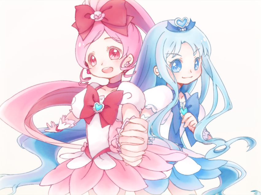 2girls, blue_eyes, blue_hair, cure_blossom, cure_marine, dress, eevee-moon, hair_ornament