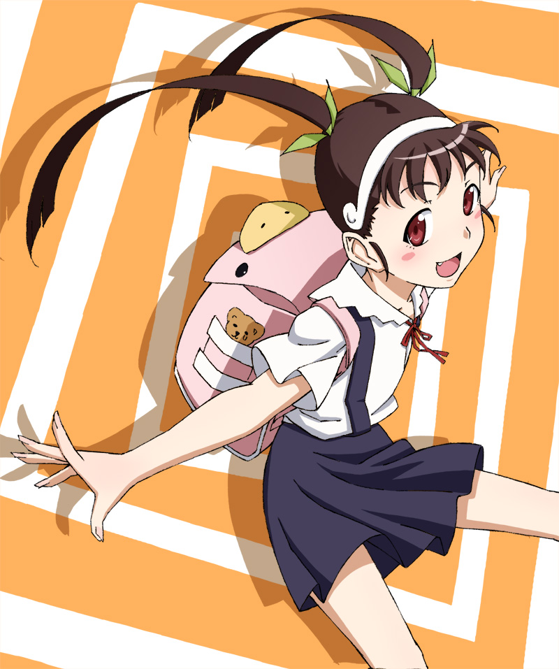 1girl, amahara_hiroaki, backpack, bag, bakemonogatari, black_hair, fang, hachikuji_mayoi